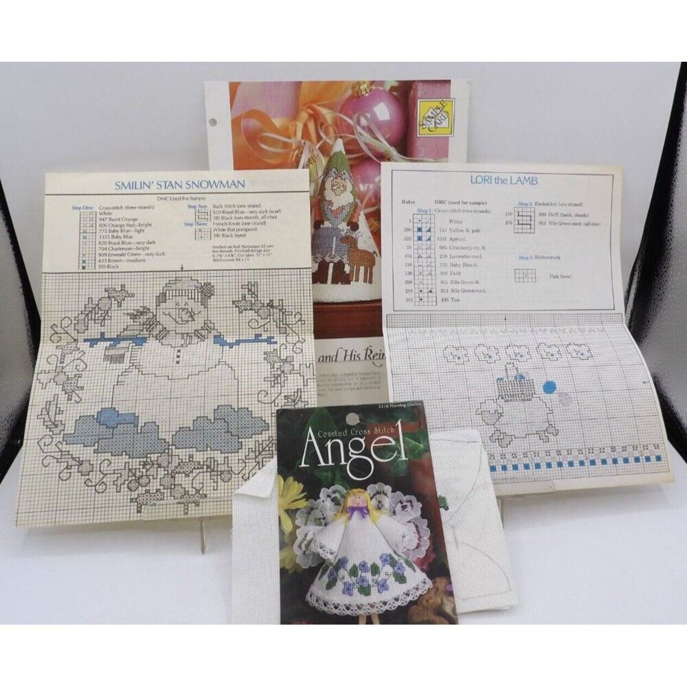 Cross Stitch Christmas Project Patterns- Set of 4- Angel, Snowmen, Lamb, Santa